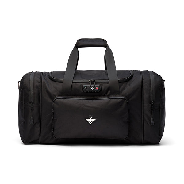 The Erozul Legion Smell Proof Duffel Bag by Erozul features dual handles, side pockets, a front zippered pocket with logo, and a TSA-approved combination lock. Advanced Smell Proof technology ensures added discretion. Black color.